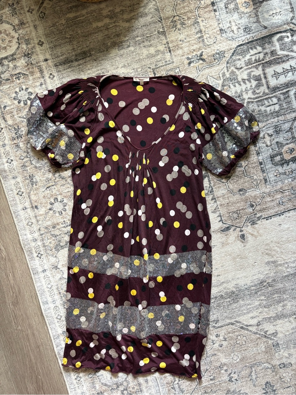 Kenzo paris 100% silk puff sleeve sequin polka dot silk sparkle dress size L - Picture 2 of 11